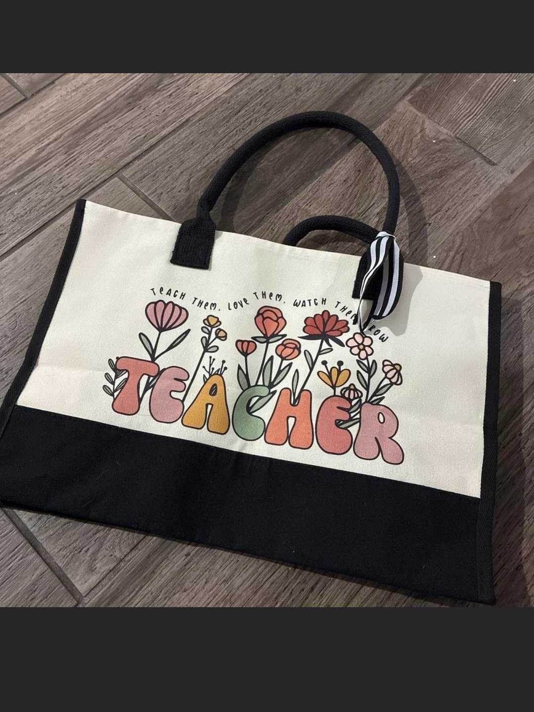 Teacher Floral Canvas Tote Bag In Black And Cream